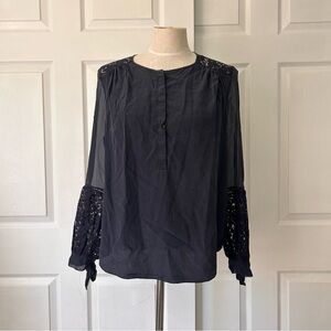 Rebecca Taylor 100% Silk Navy Sheer Lace Blouse 12
